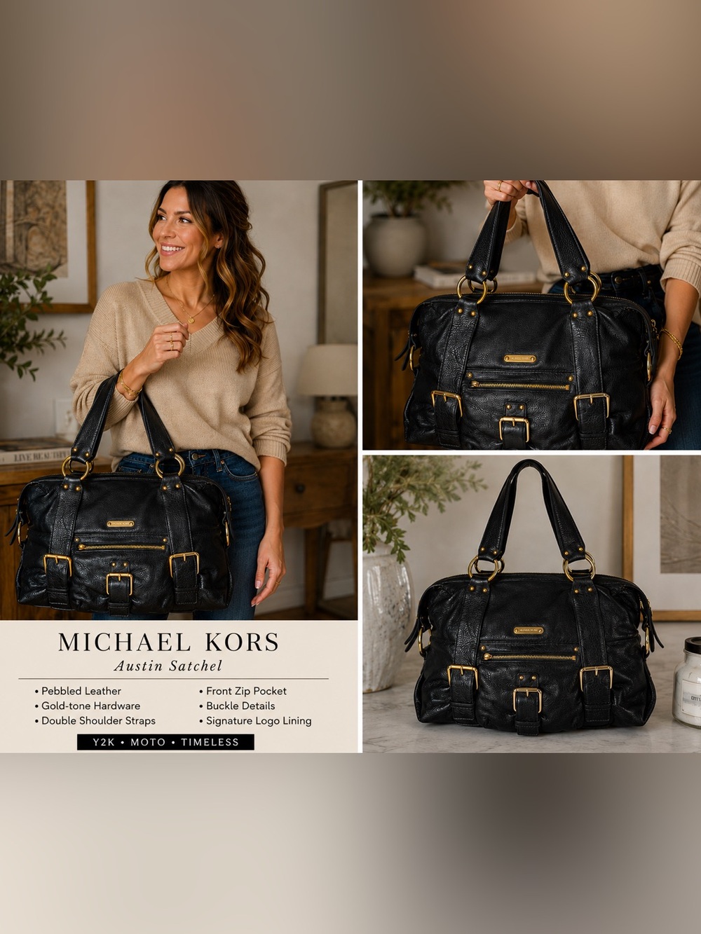 Michael Kors Austin Black Pebbled Leather Buckle Satchel Y2K Shoulder Bag